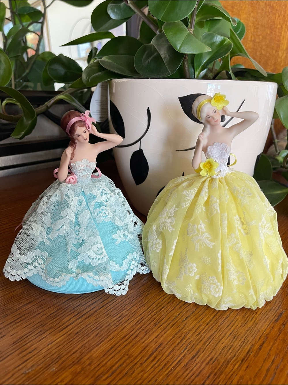 Vintage Pair of Porcelain Half-Doll Pin Cushions in Blue and Yellow